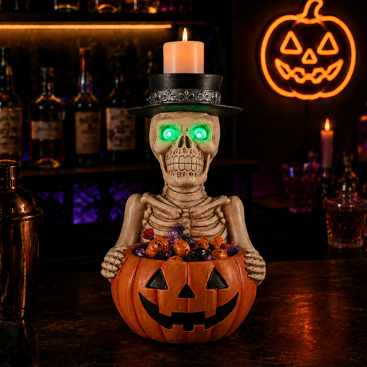 Skeleton Figurine with Pumpkin Candy Bowl & Candle Holder