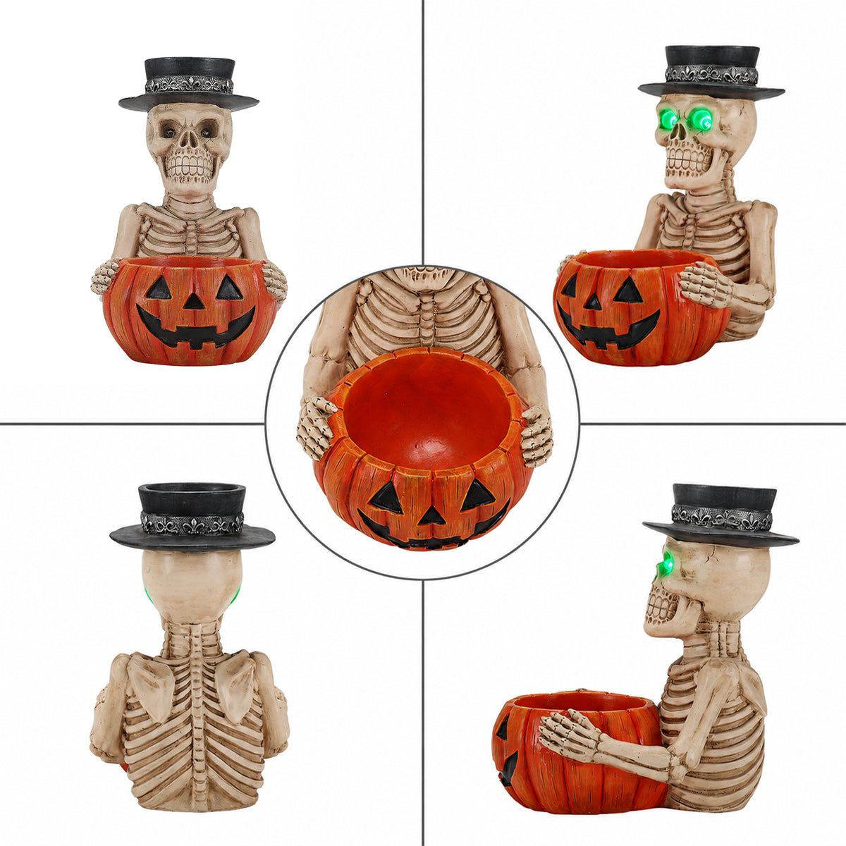 Skeleton Figurine with Pumpkin Candy Bowl & Candle Holder