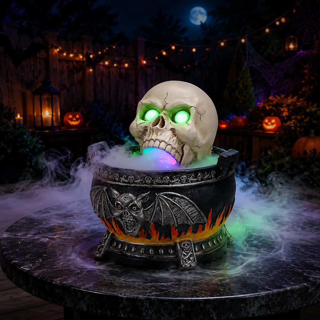 Halloween Skull Cauldron Statue with LED Light & Fog Effect