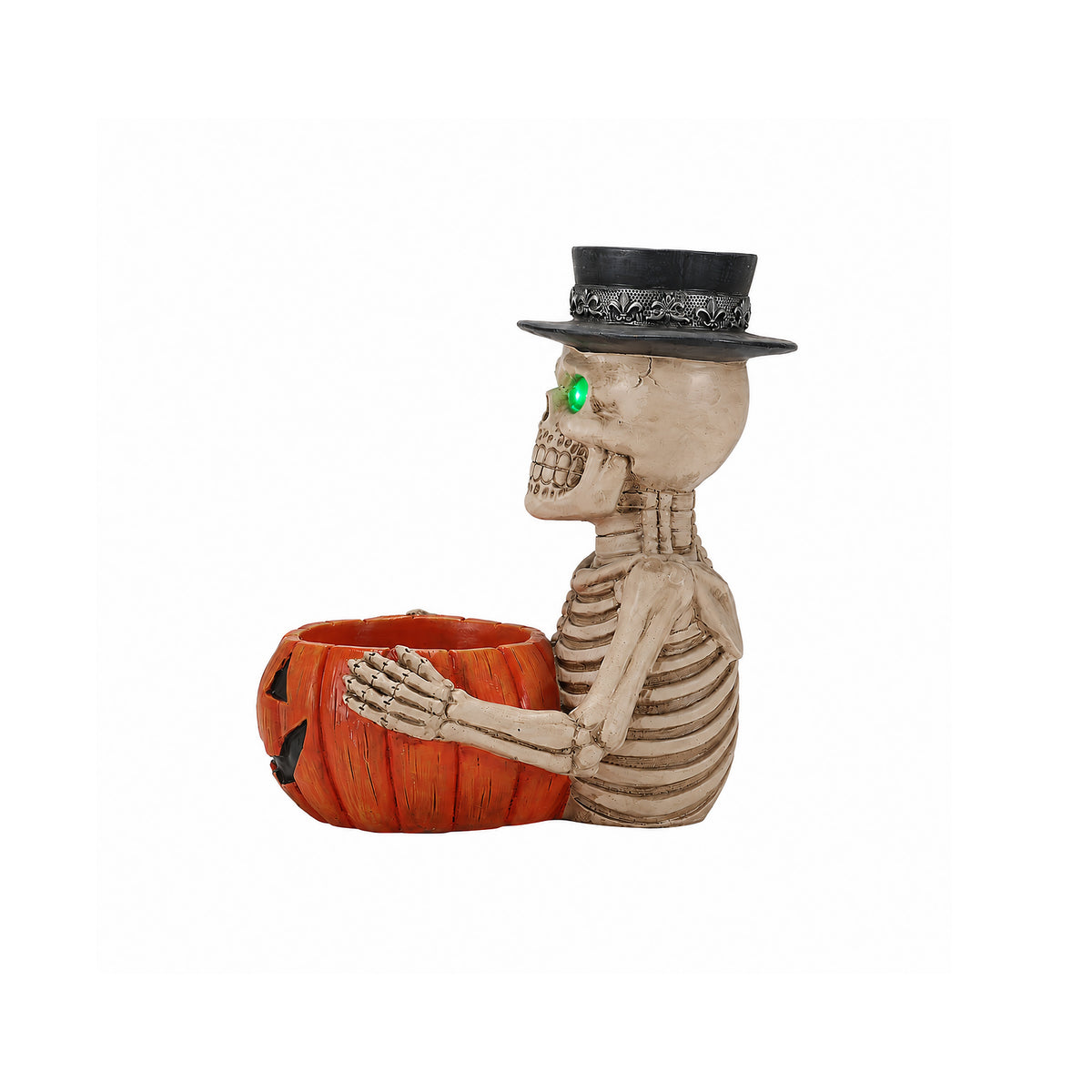 Skeleton Figurine with Pumpkin Candy Bowl & Candle Holder