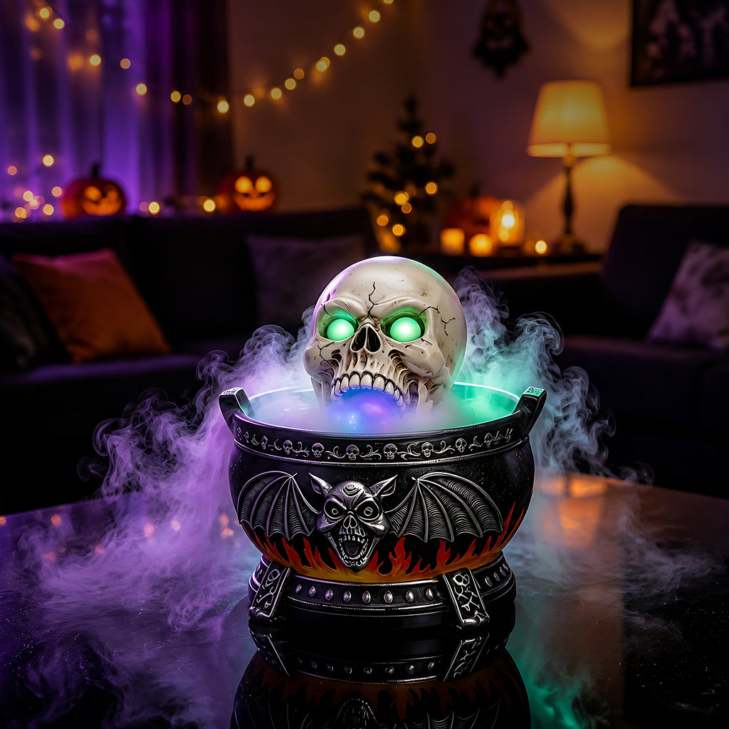 Halloween Skull Cauldron Statue with LED Light & Fog Effect