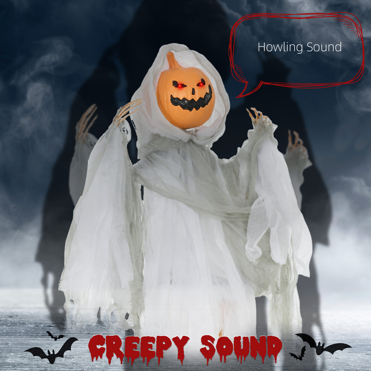 Hanging Pumpkin Ghost – Light-Up Red Eyes & Creepy Howling